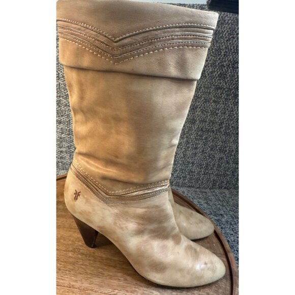Frye Simone Cuff Mid-Calf Leather Natural Tan Boots With Stacked Heel.Size 8 - Picture 5 of 13